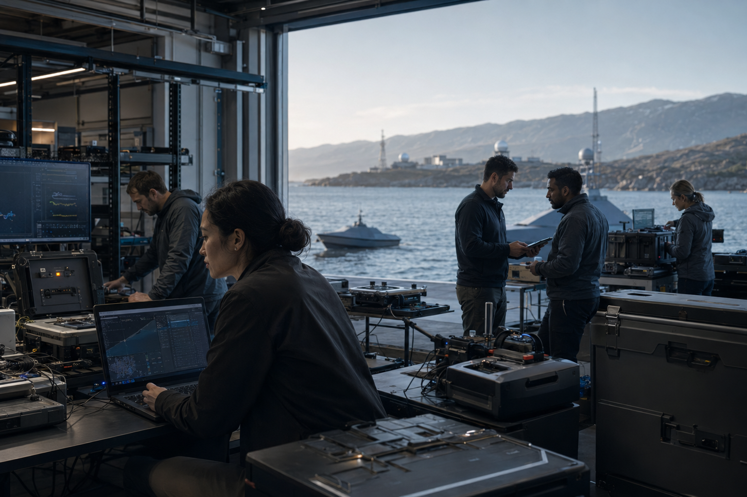 Astrion engineers and operators working in a maritime integration and test environment.