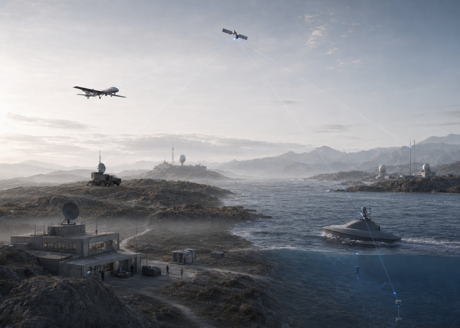 Connected maritime, air, space and infrastructure systems coordinated through satellite communications.